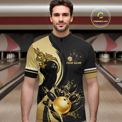 Custom Black And Gold Splatter Bowling Shirt For Men, Bowling League Jerseys Team Polo & 1/4 Zip TDM6417