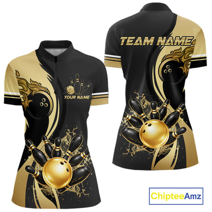 Custom Black And Gold Splatter Bowling Shirt For Women, Bowling League Jerseys Team Polo & 1/4 Zip TDM6417