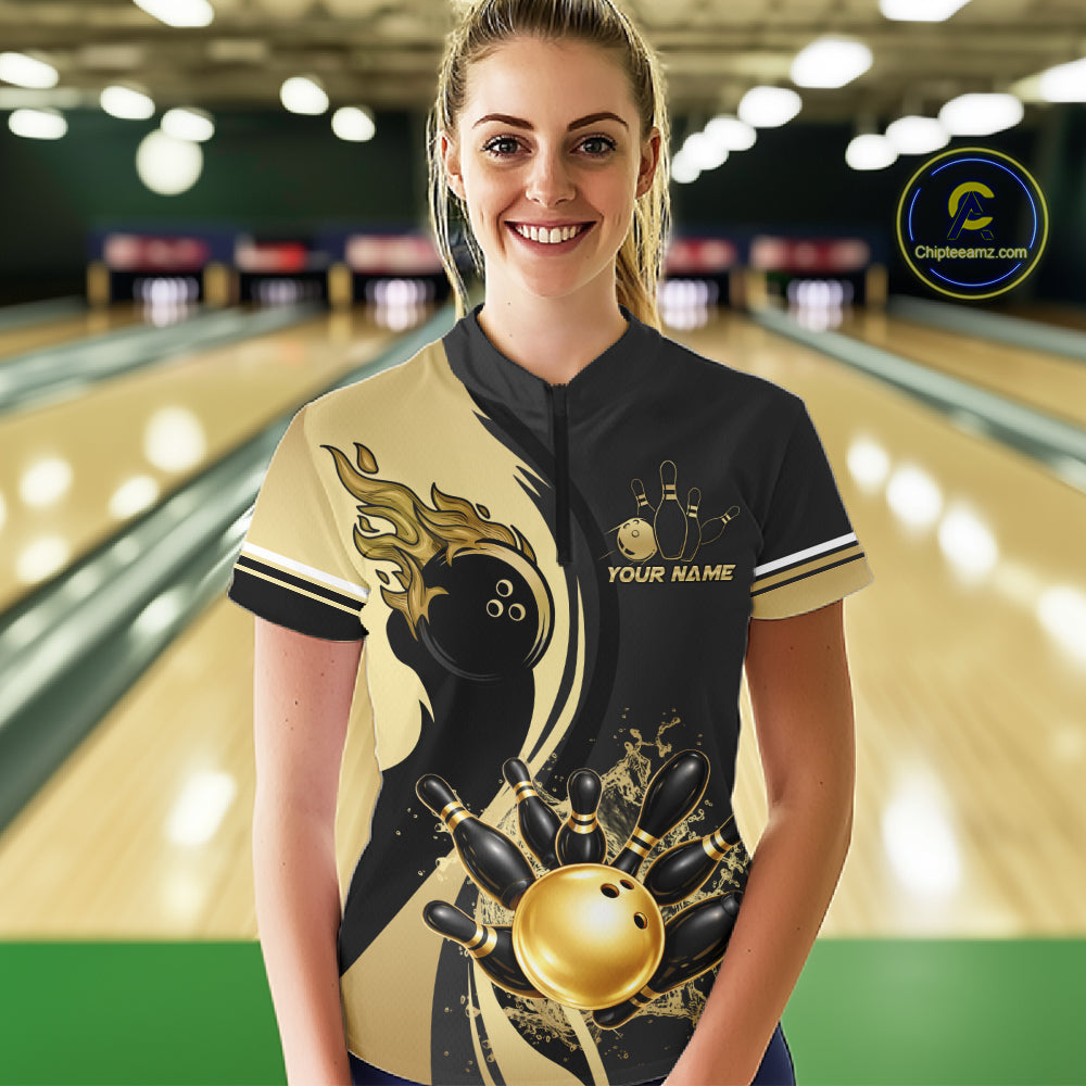 Custom Black And Gold Splatter Bowling Shirt For Women, Bowling League Jerseys Team Polo & 1/4 Zip TDM6417