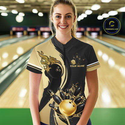 Custom Black And Gold Splatter Bowling Shirt For Women, Bowling League Jerseys Team Polo & 1/4 Zip TDM6417