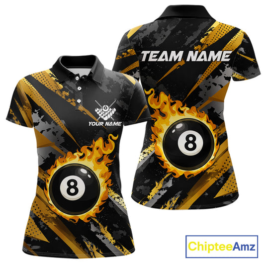 Black and gold billiard polo shirt for women with flaming 8-ball design and customizable team name and player name details.