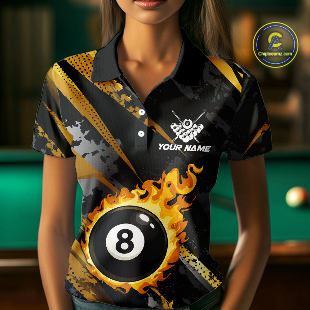 Gold Black Grunge Flame 8 Ball Billiard Shirts For Women Custom Pool Team Jersey Polo & 1/4 Zip TDM6619