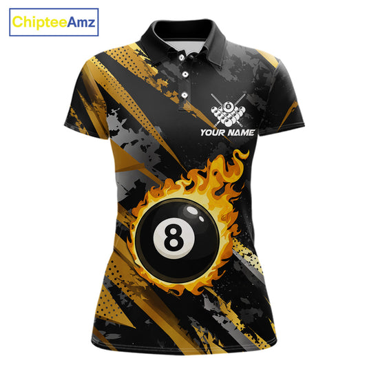 Black and gold billiard polo shirt for women with flaming 8-ball design and customizable team name and player name details.