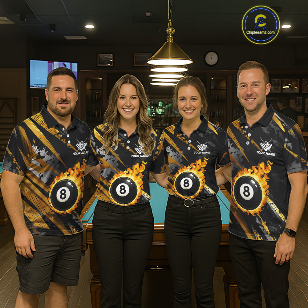 Gold Black Grunge Flame 8 Ball Billiard Shirts For Women Custom Pool Team Jersey Polo & 1/4 Zip TDM6619