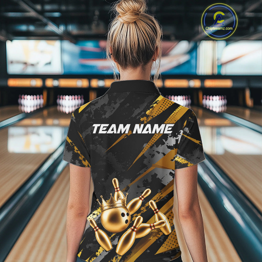 Person wearing a bowling-themed shirt with 'TEAM NAME' text in a bowling alley.