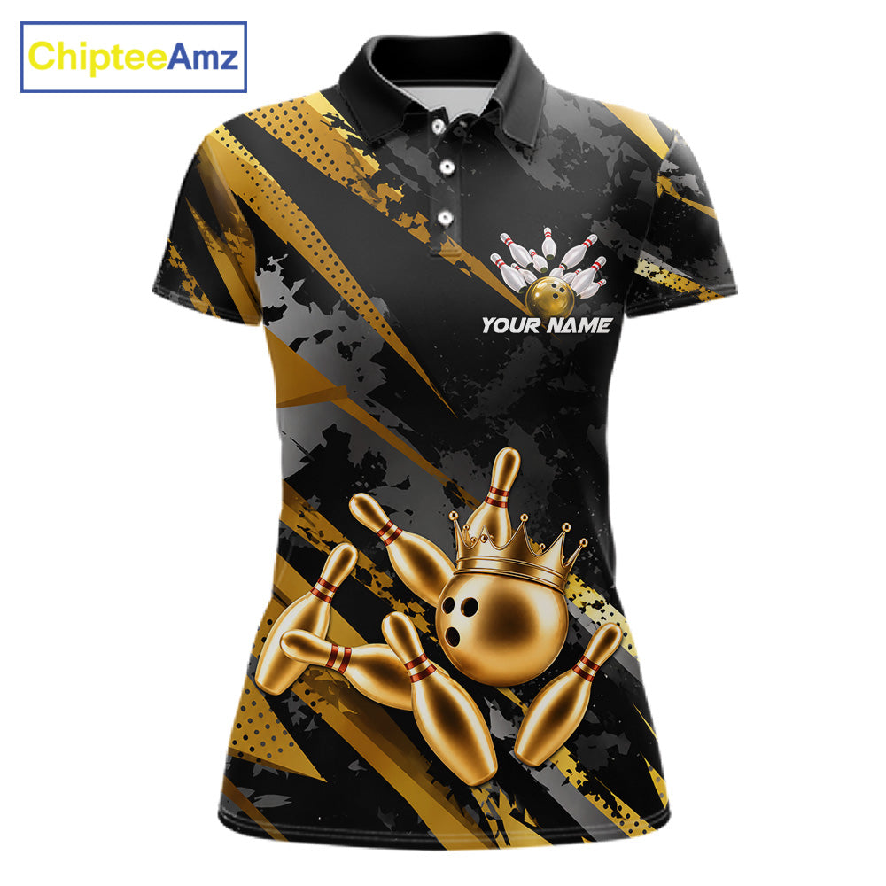 Bowling-themed polo shirt for women with gold bowling pins and crown design on a black background, featuring customizable "Your Name" and "Team Name" text for a personalized look.