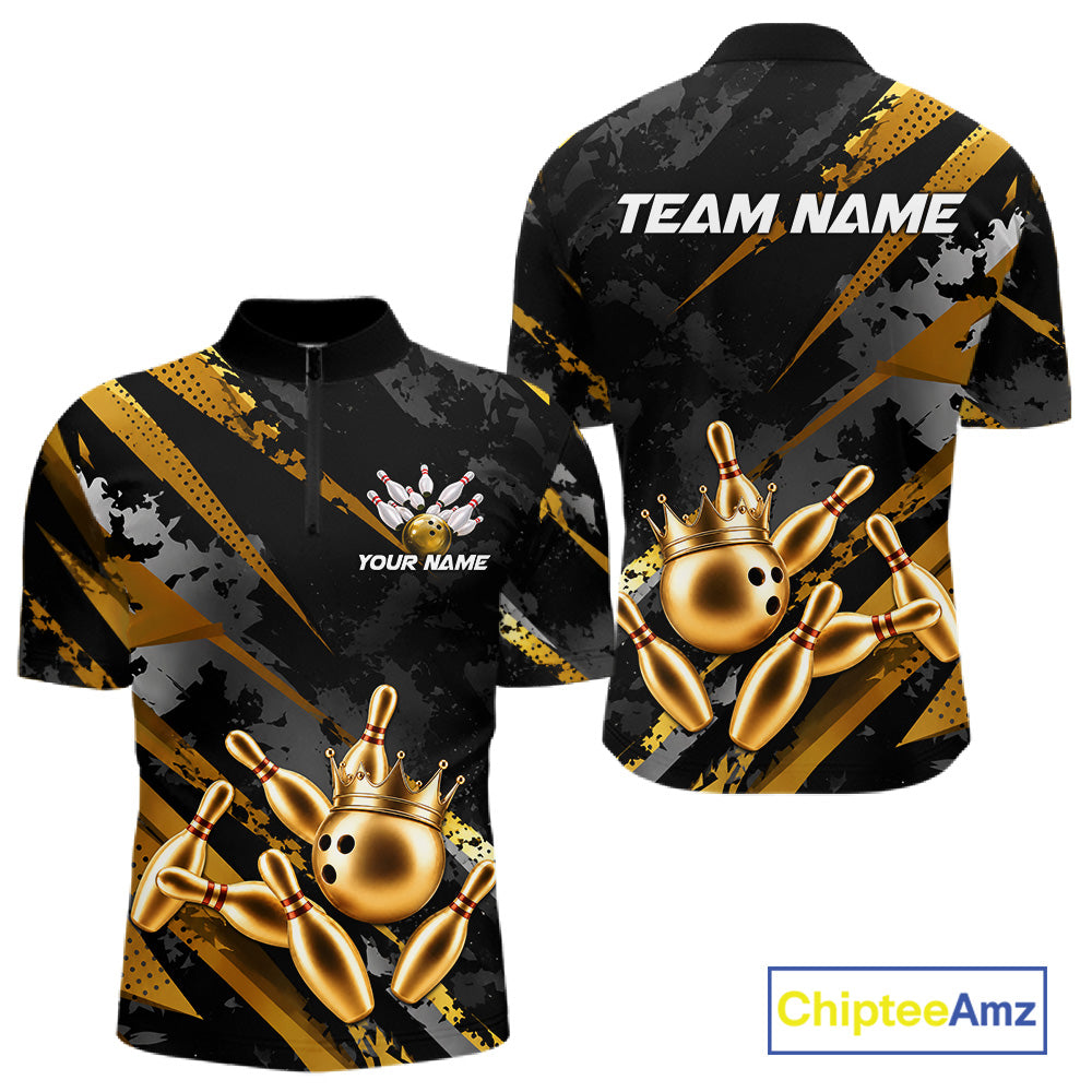 Bowling-themed quarter zip shirt for men with gold bowling pins and crown design on a black background, featuring customizable "Your Name" and "Team Name" text for a personalized look.