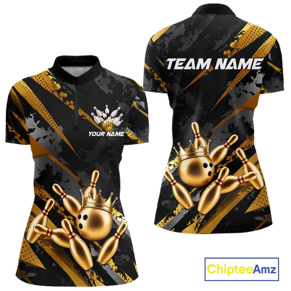 Bowling-themed quarter zip shirt for women with gold bowling pins and crown design on a black background, featuring customizable "Your Name" and "Team Name" text for a personalized look.