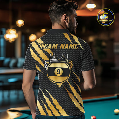 Black And Gold Scratch Billiard Shirts For Men Custom 9 Ball Crown Pool Team Jersey Polo & 1/4 Zip TDM6622