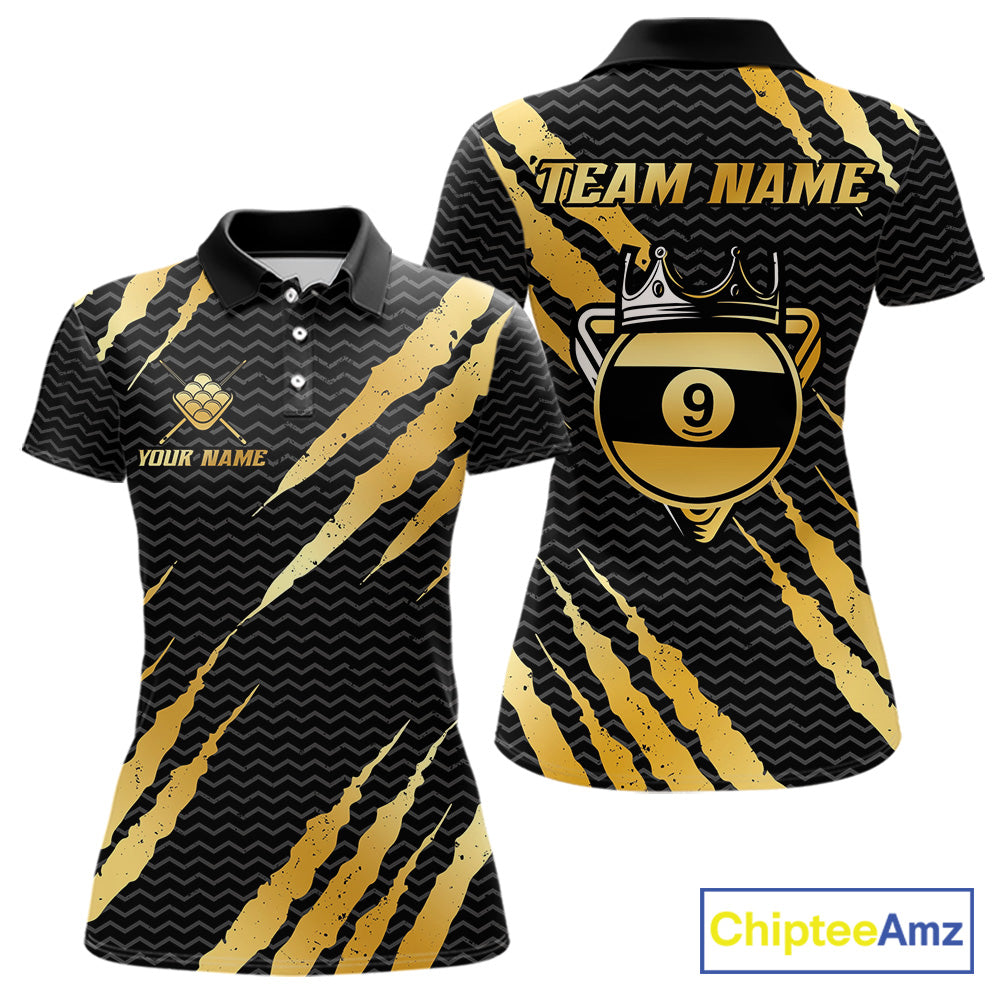 Black and gold billiard polo shirt with 'Team Name' and 'Your Name' text, featuring a crown 9-ball design.