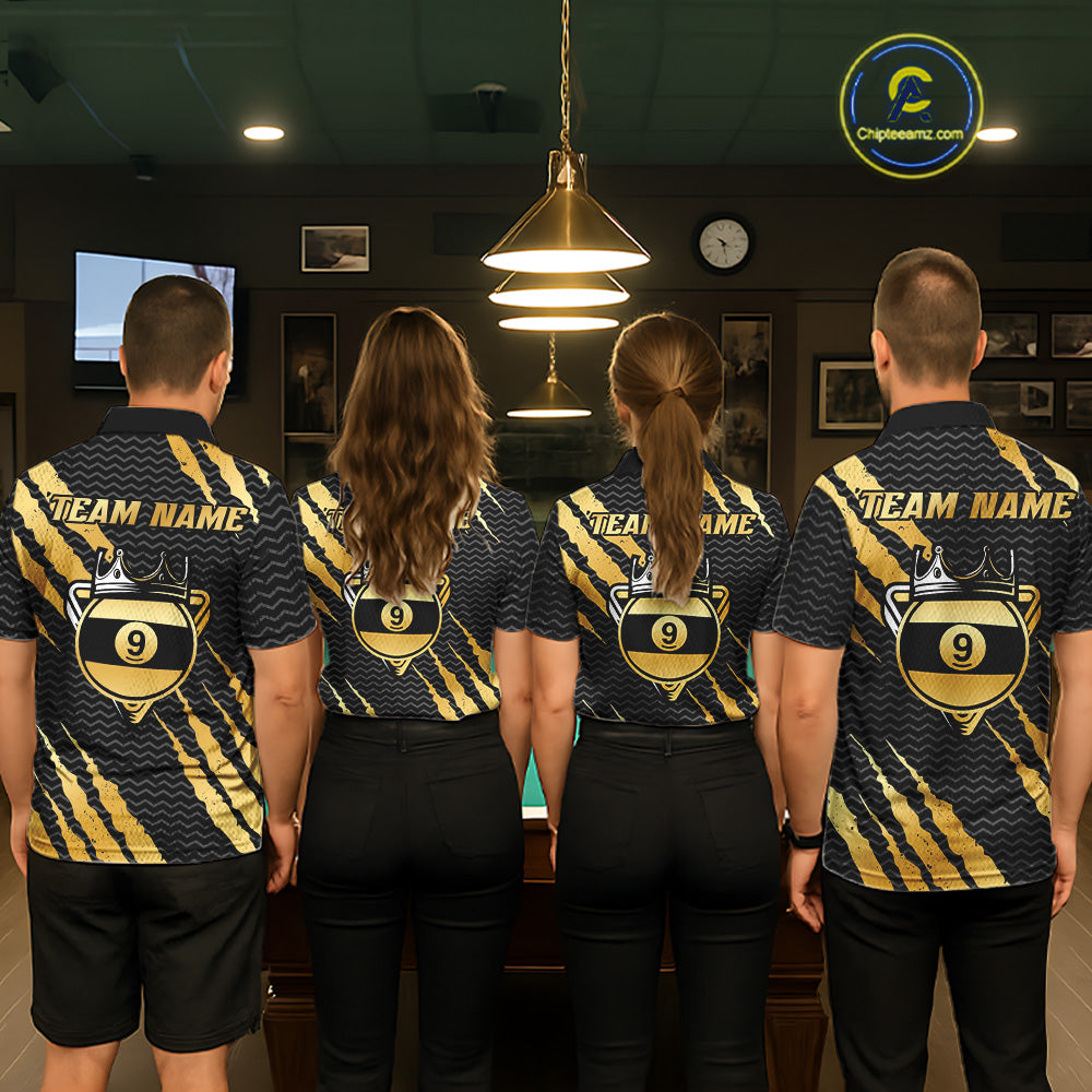 Black And Gold Scratch Billiard Shirts For Women Custom 9 Ball Crown Pool Team Jersey Polo & 1/4 Zip TDM6622