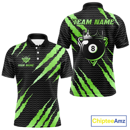 Black and green billiard polo shirt with 'Team Name' and 'Your Name' text, featuring a crown 8-ball design.