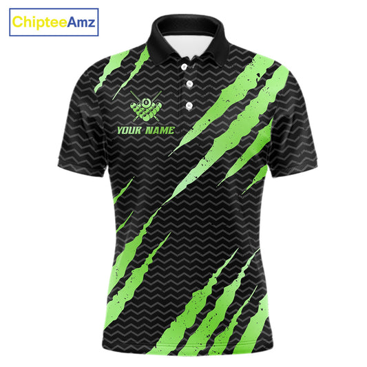 Black and green billiard polo shirt with 'Team Name' and 'Your Name' text, featuring a 8-ball design.