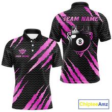 Load image into Gallery viewer, Black and pink billiard polo shirt with 'Team Name' and 'Your Name' text, featuring a crown 8-ball design.