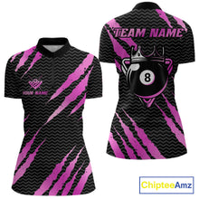 Load image into Gallery viewer, Black and pink billiard quarter zip shirt with 'Team Name' and 'Your Name' text, featuring a crown 8-ball design.