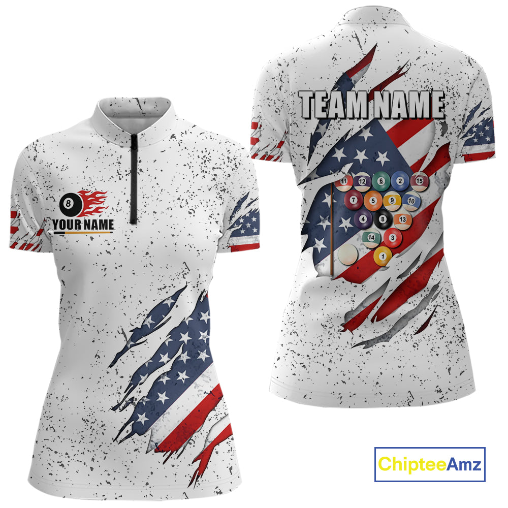 Personalized American Flag White Grunge Billiard Shirt For Women, Patriotic 8 Ball Pool Team Jersey TDM4443