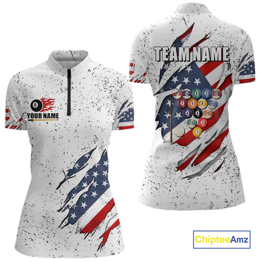 Personalized American Flag White Grunge Billiard Shirt For Women, Patriotic 8 Ball Pool Team Jersey TDM4443