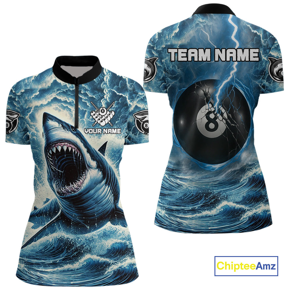 Blue 8 Ball Pool Billiard Shark Polo & Quarter Zip For Women Custom Thunder Storm Billiard Jersey TDM4691