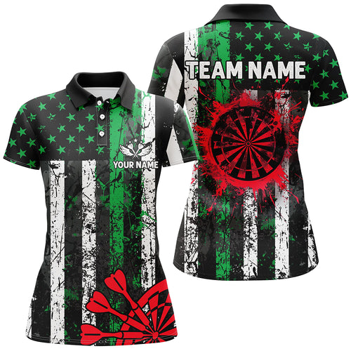 Custom Green And Red Grunge US Flag Women Dart Shirts, Patriotic Christmas Darts Team Jerseys TDM2850