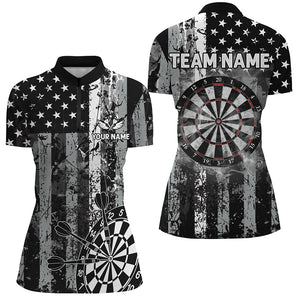 Custom Black Grunge US Flag Patriotic Dart Shirts For Women, Retro Darts Board Smoke Dart Team Jersey TDM2852