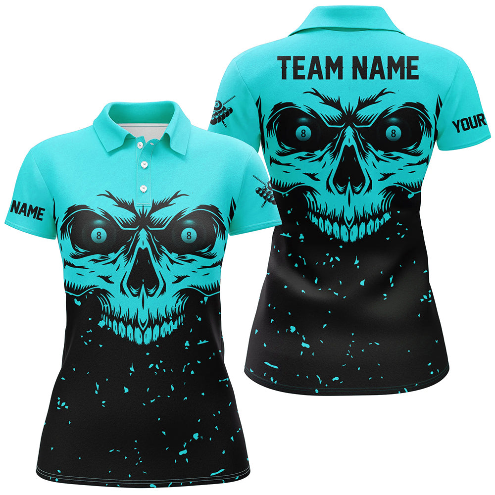 Custom Grunge Cyan Black Skull Billiard Women Jerseys Shirts, 8 Ball Billiards Apparel Clothing TDM3100