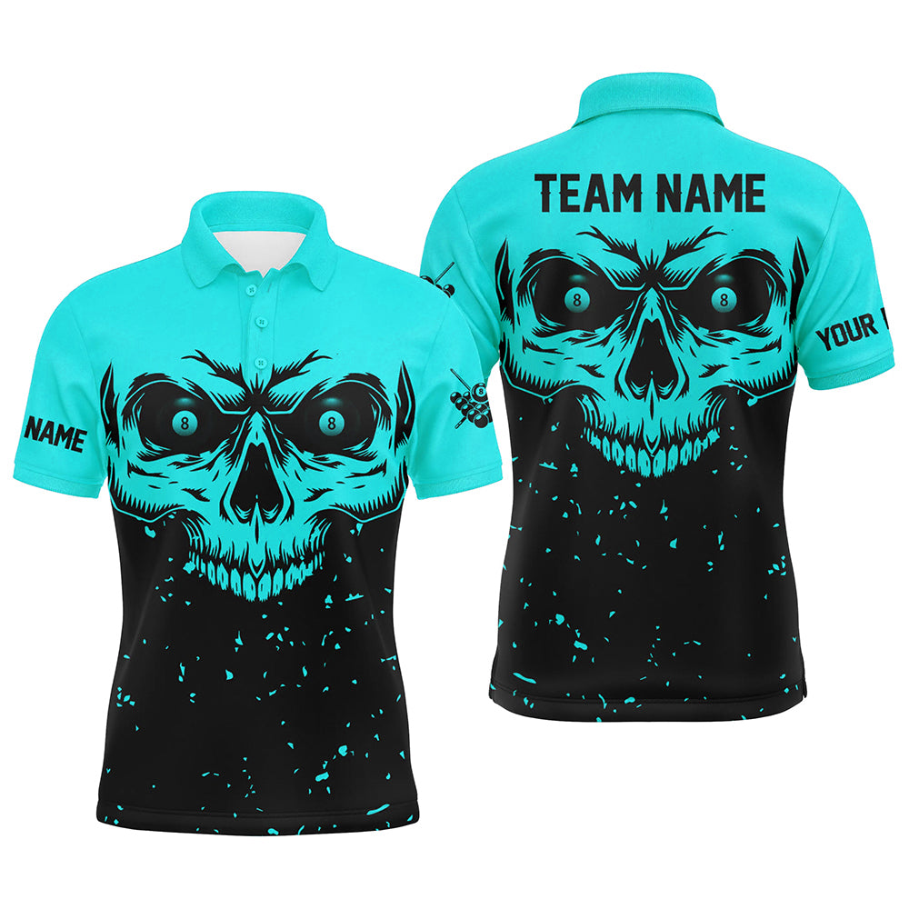 Custom Grunge Cyan Black Skull Billiard Men Jerseys Shirts, 8 Ball Billiards Apparel Clothing TDM3100