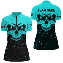 Load image into Gallery viewer, Custom Grunge Cyan Black Skull Billiard Women Jerseys Shirts, 8 Ball Billiards Apparel Clothing TDM3100