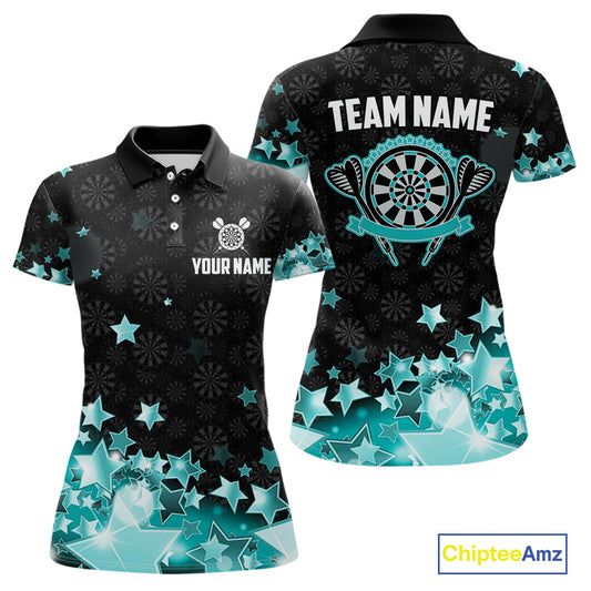 Funny Custom Dart Shirt For Women, Turquoise Black Glowing Star Pattern Darts Polo & Quarter Zip TDM5325