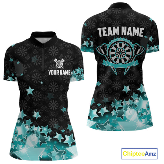 Funny Custom Dart Shirt For Women, Turquoise Black Glowing Star Pattern Darts Polo & Quarter Zip TDM5325