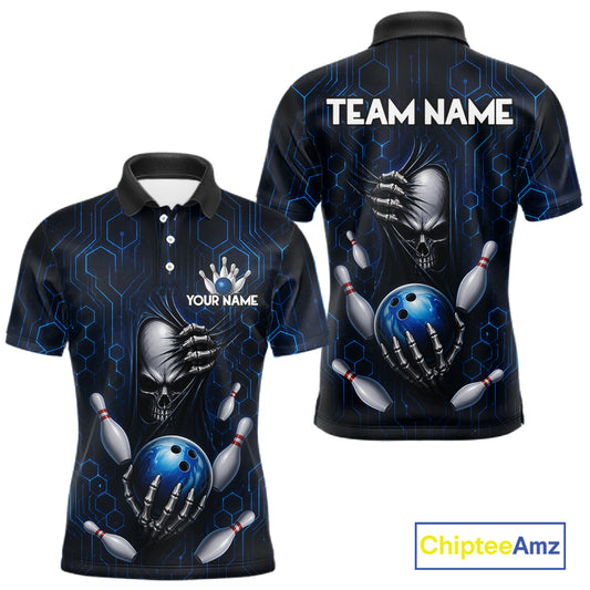 Black And Blue Custom Skull Bowling Shirt For Men, Hexagon Bowling Team Jersey Polo & 1/4 Zip TDM6425