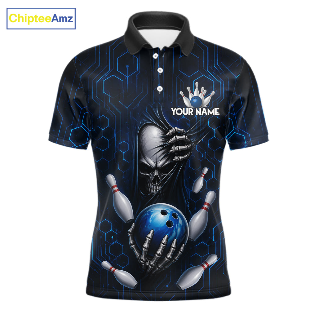 Black And Blue Custom Skull Bowling Shirt For Men, Hexagon Bowling Team Jersey Polo & 1/4 Zip TDM6425