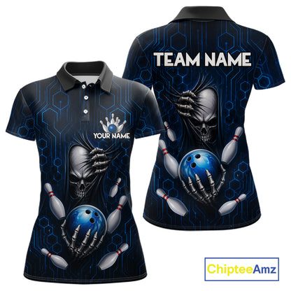Black And Blue Custom Skull Bowling Shirt For Women, Hexagon Bowling Team Jersey Polo & 1/4 Zip TDM6425