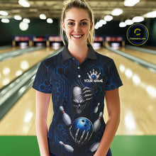 Load image into Gallery viewer, Black And Blue Custom Skull Bowling Shirt For Women, Hexagon Bowling Team Jersey Polo &amp; 1/4 Zip TDM6425