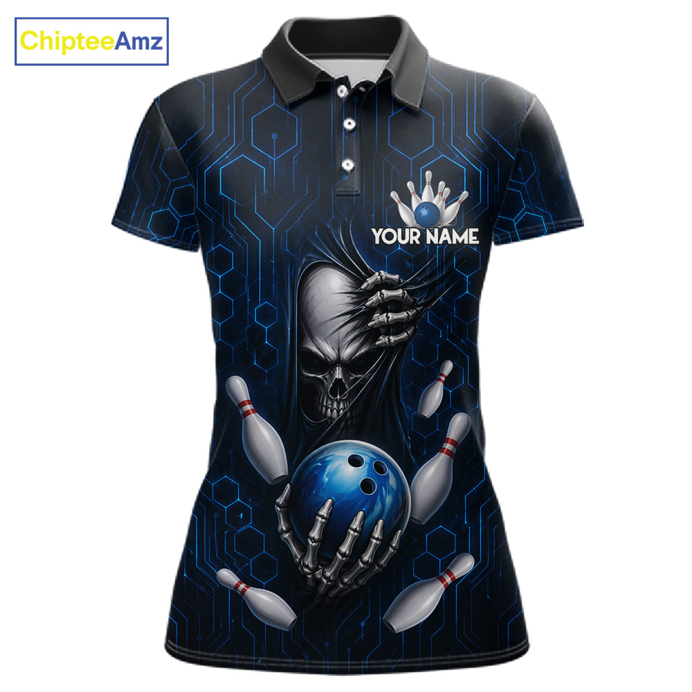 Black And Blue Custom Skull Bowling Shirt For Women, Hexagon Bowling Team Jersey Polo & 1/4 Zip TDM6425