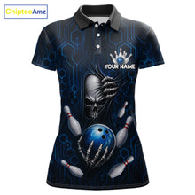 Load image into Gallery viewer, Black And Blue Custom Skull Bowling Shirt For Women, Hexagon Bowling Team Jersey Polo &amp; 1/4 Zip TDM6425