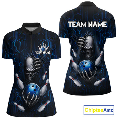 Black And Blue Custom Skull Bowling Shirt For Women, Hexagon Bowling Team Jersey Polo & 1/4 Zip TDM6425