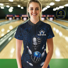 Load image into Gallery viewer, Black And Blue Custom Skull Bowling Shirt For Women, Hexagon Bowling Team Jersey Polo &amp; 1/4 Zip TDM6425