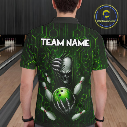 Black And Green Custom Skull Bowling Shirt For Men, Hexagon Bowling Team Jersey Polo & 1/4 Zip TDM6426