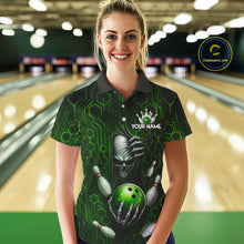 Load image into Gallery viewer, Black And Green Custom Skull Bowling Shirt For Women, Hexagon Bowling Team Jersey Polo &amp; 1/4 Zip TDM6426