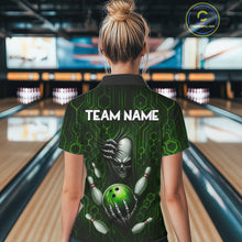 Load image into Gallery viewer, Black And Green Custom Skull Bowling Shirt For Women, Hexagon Bowling Team Jersey Polo &amp; 1/4 Zip TDM6426
