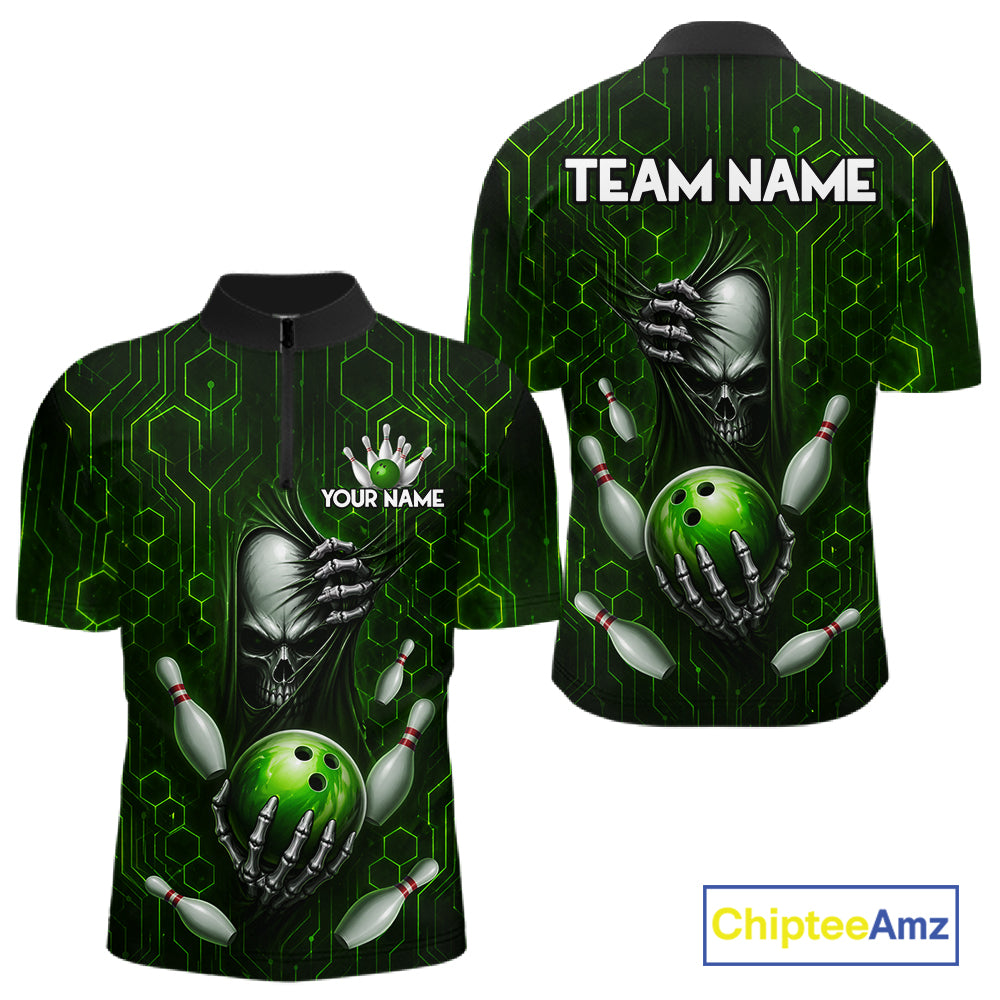 Black And Green Custom Skull Bowling Shirt For Men, Hexagon Bowling Team Jersey Polo & 1/4 Zip TDM6426