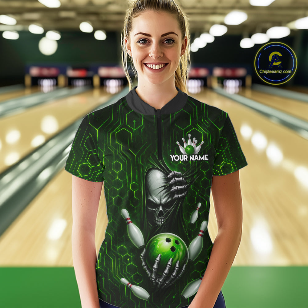 Black And Green Custom Skull Bowling Shirt For Women, Hexagon Bowling Team Jersey Polo & 1/4 Zip TDM6426