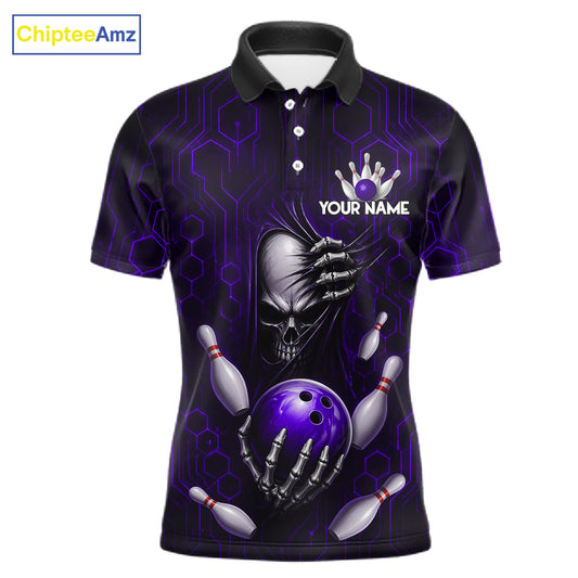 Black And Purple Custom Skull Bowling Shirt For Men, Hexagon Bowling Team Jersey Polo & 1/4 Zip TDM6427