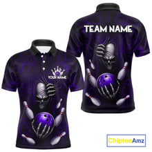 Load image into Gallery viewer, Black And Purple Custom Skull Bowling Shirt For Men, Hexagon Bowling Team Jersey Polo &amp; 1/4 Zip TDM6427