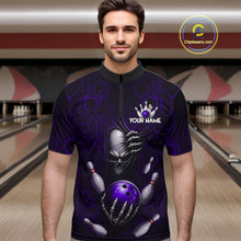 Load image into Gallery viewer, Black And Purple Custom Skull Bowling Shirt For Men, Hexagon Bowling Team Jersey Polo &amp; 1/4 Zip TDM6427