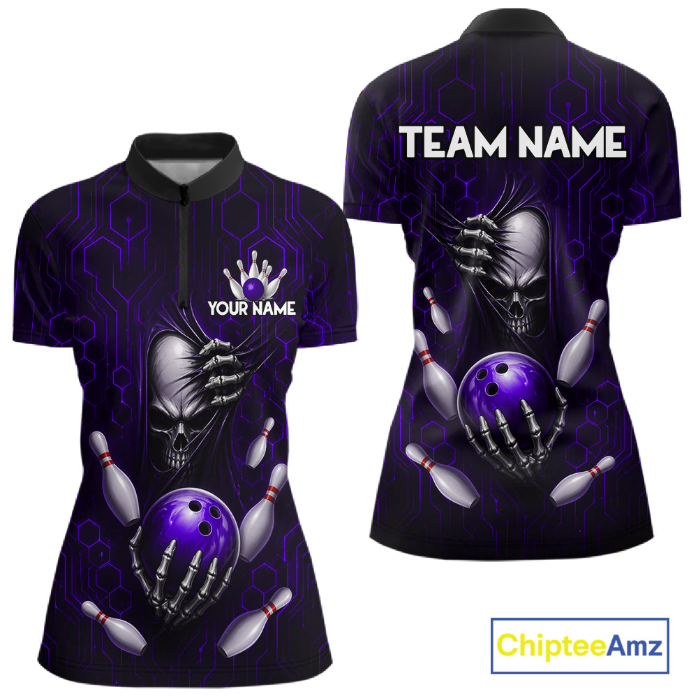 Black And Purple Custom Skull Bowling Shirt For Women, Hexagon Bowling Team Jersey Polo & 1/4 Zip TDM6427