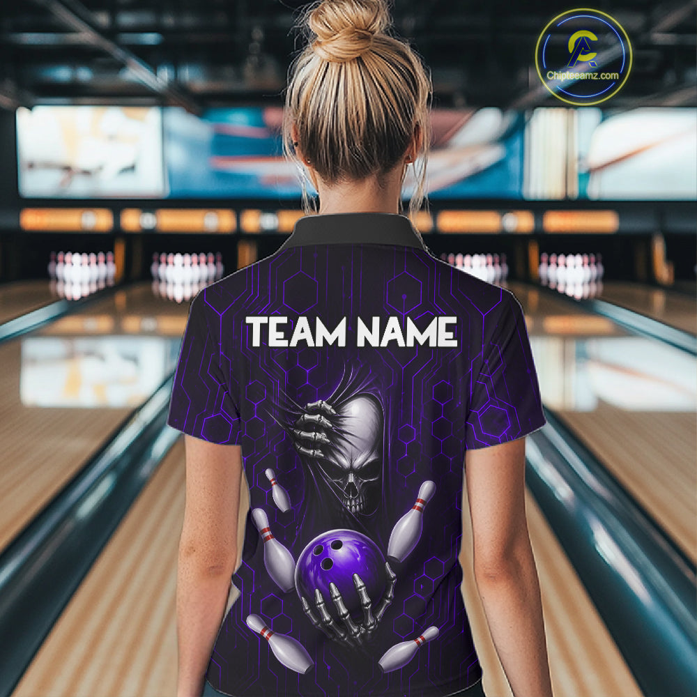 Black And Purple Custom Skull Bowling Shirt For Women, Hexagon Bowling Team Jersey Polo & 1/4 Zip TDM6427