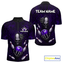 Load image into Gallery viewer, Black And Purple Custom Skull Bowling Shirt For Men, Hexagon Bowling Team Jersey Polo &amp; 1/4 Zip TDM6427