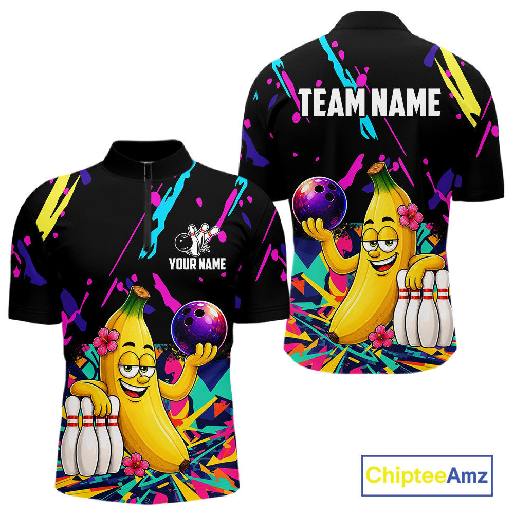 Colorful quarter zip shirt with a cartoon banana bowling design with customizable your name and team name