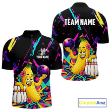 Load image into Gallery viewer, Colorful quarter zip shirt with a cartoon banana bowling design with customizable your name and team name